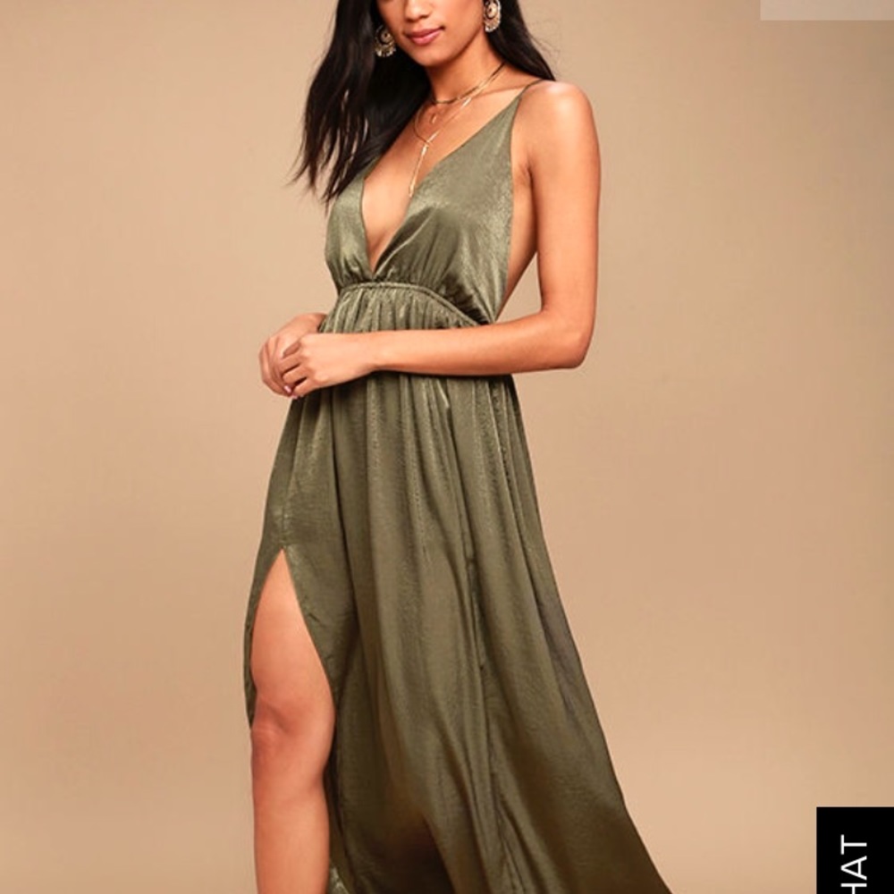 NWT Lulu’s Uncharted Waters Olive Satin Maxi Dress